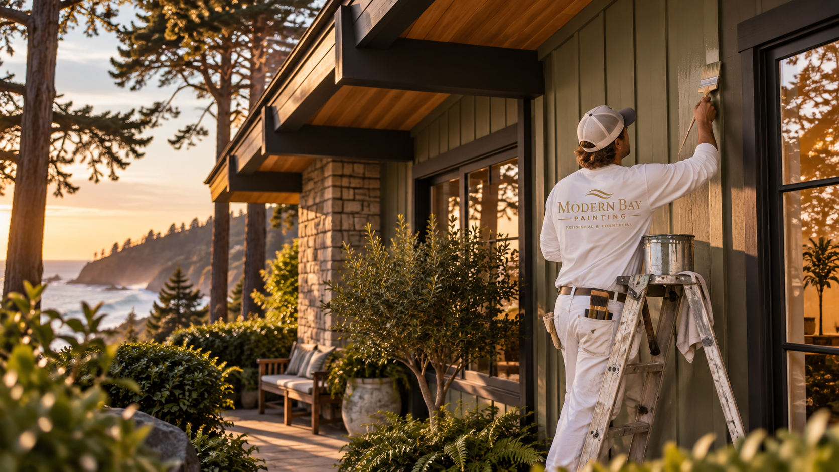 Modern Bay Painting painter finishing the exterior of a coastal Santa Cruz County home overlooking the Pacific