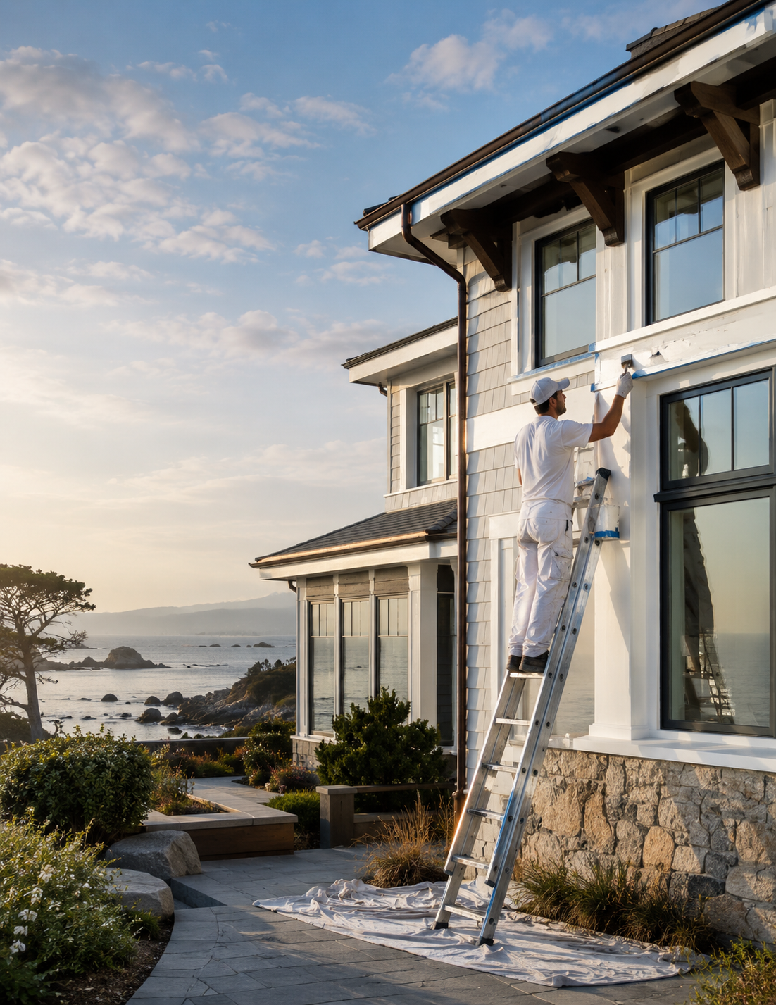 Painter working on a coastal California luxury home overlooking the Pacific