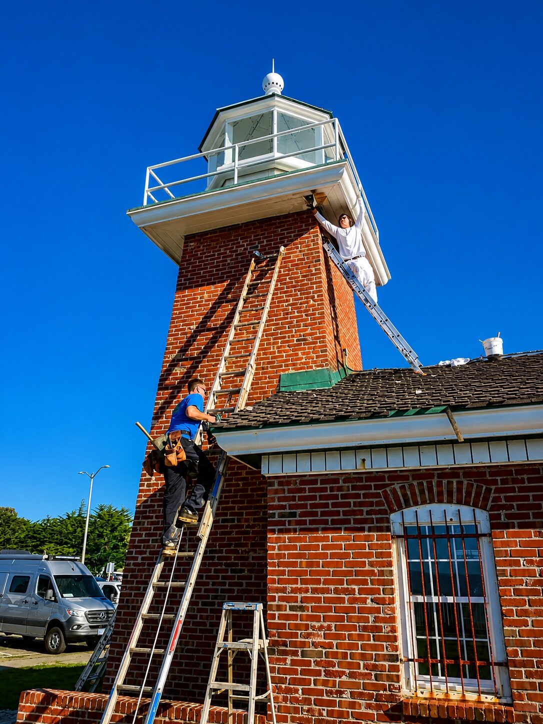 Detailed exterior trim restoration on the Santa Cruz Lighthouse
