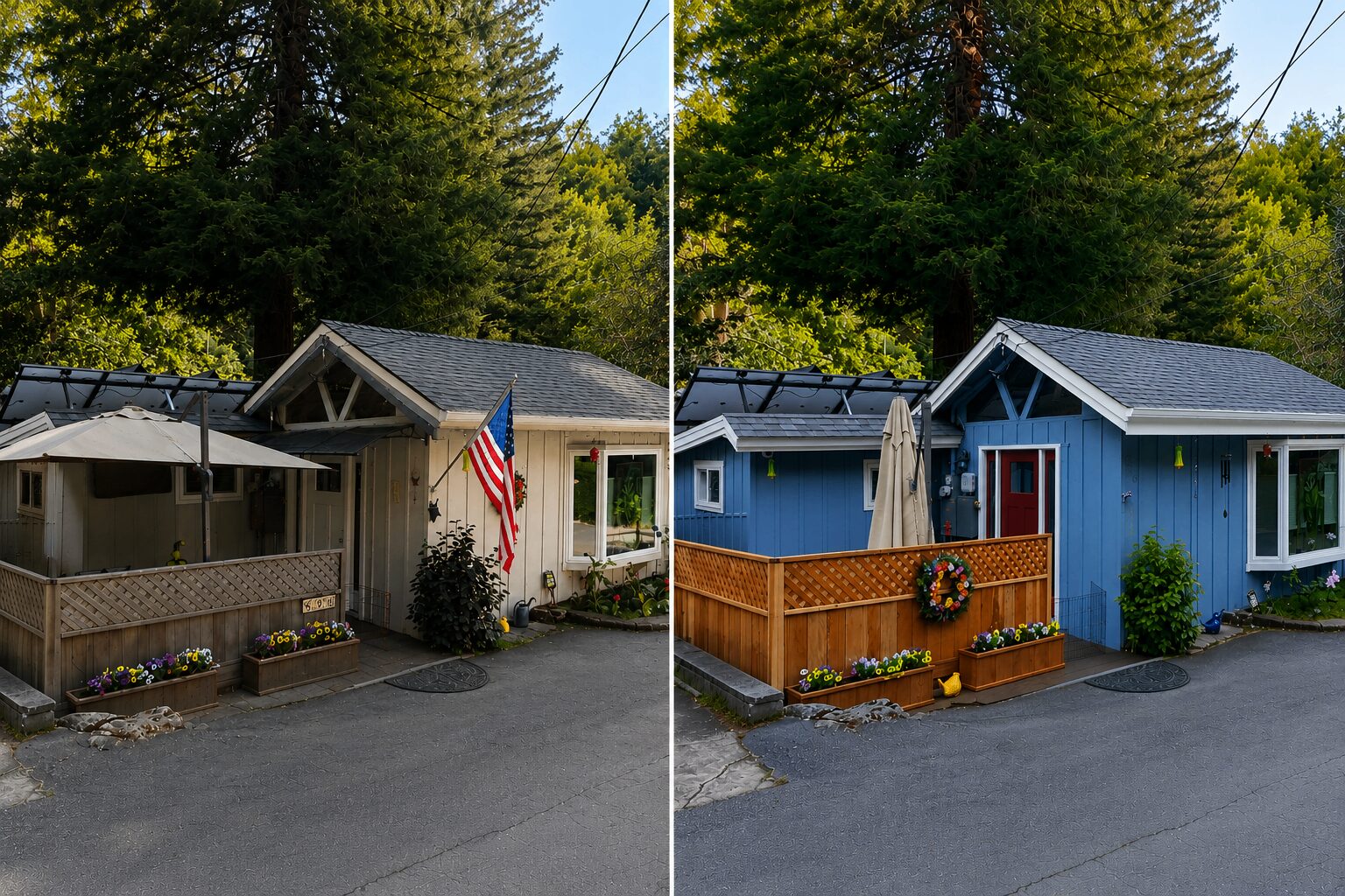 Before and after exterior repaint of a Paradise Park California home