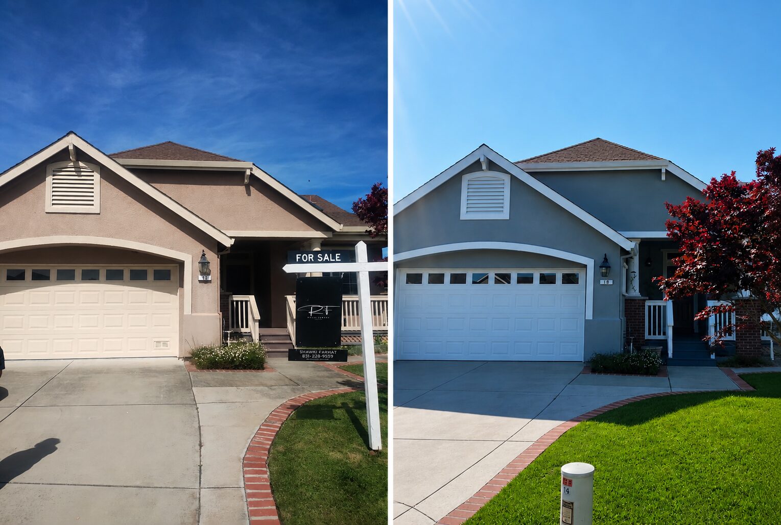 Before and after exterior repaint of a Watsonville home